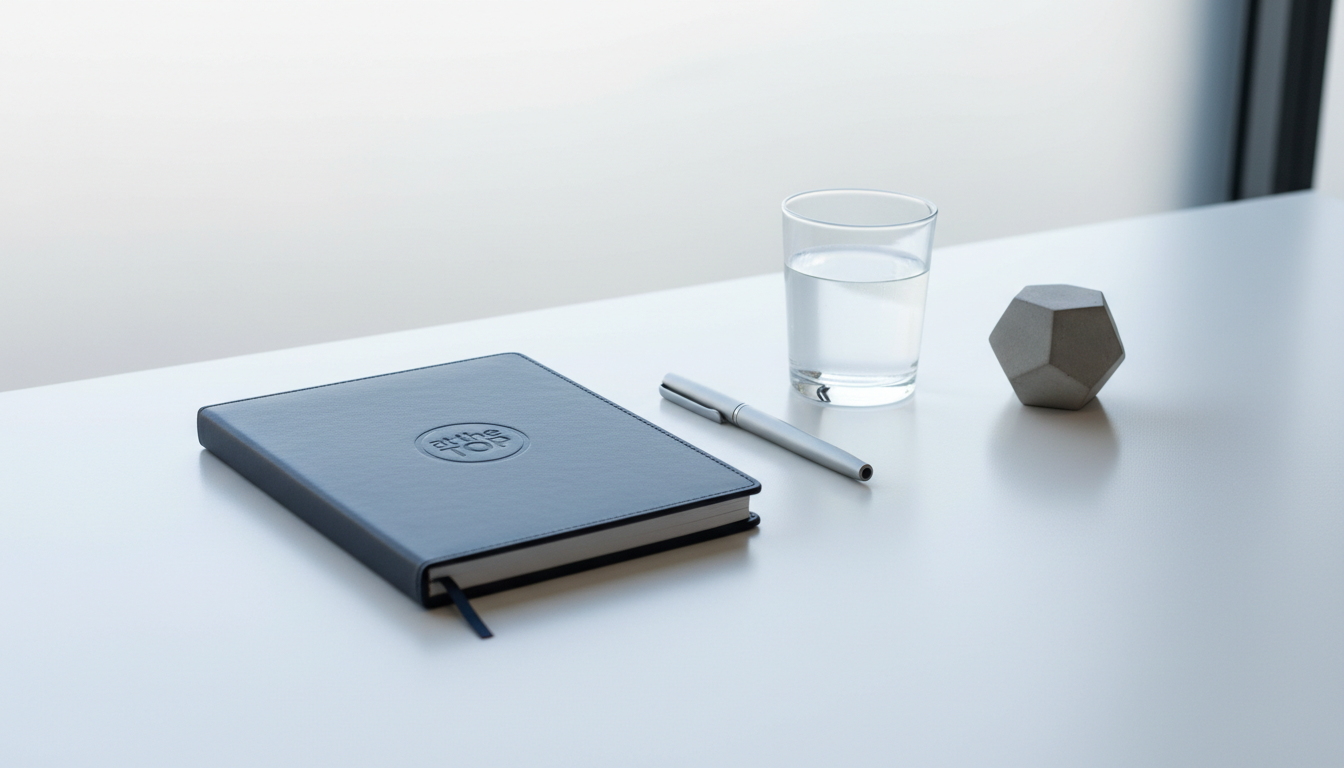 A sleek, closed navy-blue leather-bound notebook with a subtle embossed logo reading "at the TOP" on its cover, resting on a meticulously organized matte white executive desk. Next to the notebook are a matte silver pen, a glass of clear water, and a small geometric concrete paperweight, all arranged with precise spacing. Soft, diffused daylight filters through frosted glass, creating gentle, balanced highlights across the scene and subtle, tidy shadows. The photograph is shot from an eye-level angle with rule-of-thirds composition, emphasizing the clarity and intention of a modern workspace. The mood is grounded, calm, and sophisticated, reflecting a space for authentic leadership insight. The style is clean, photographic realism with a professional, corporate aesthetic.