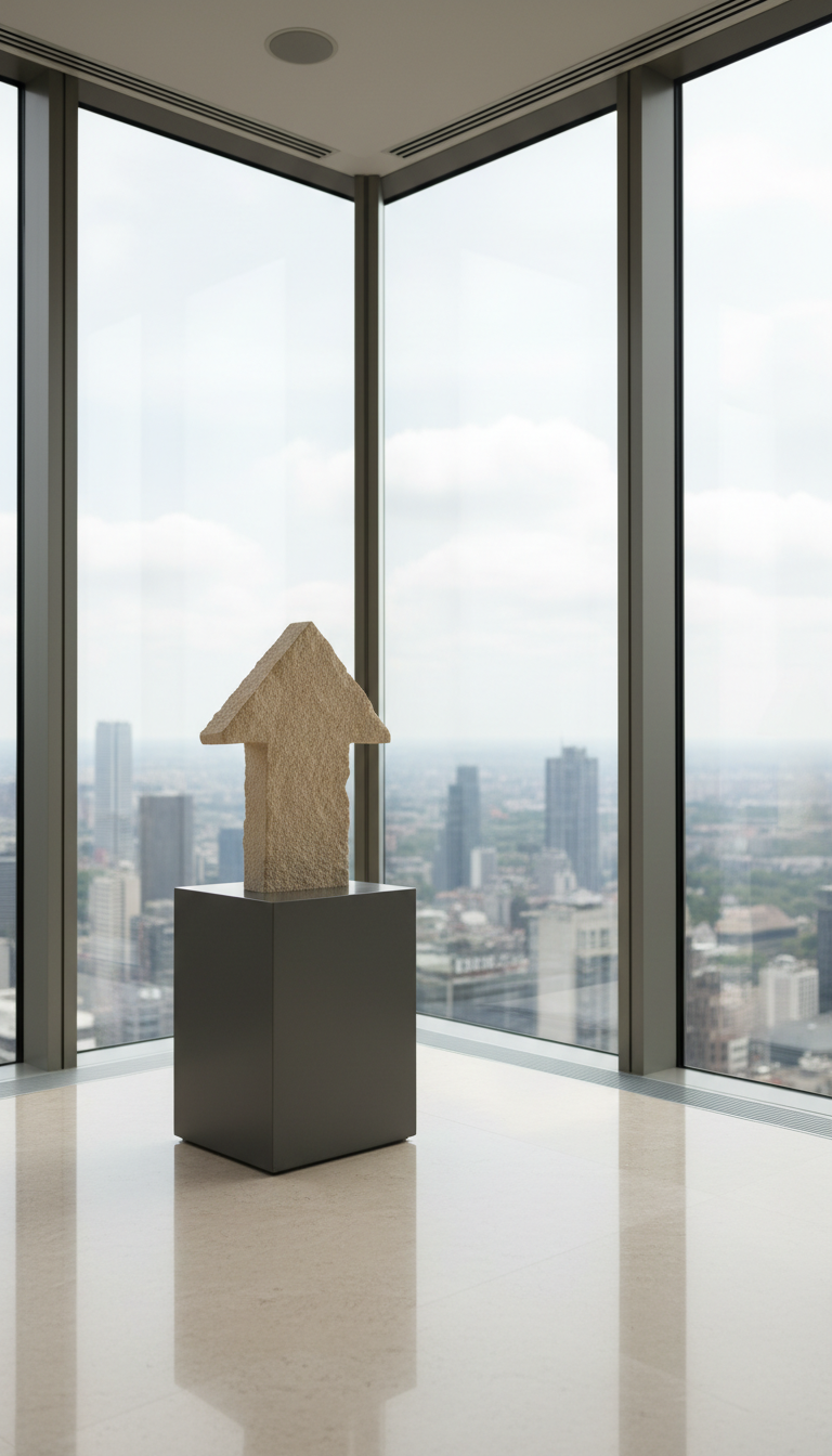 A modern sand-colored stone sculpture resembling an upward-facing arrow, set atop a smooth charcoal-gray plinth on the corner of a high-rise office's lobby floor. The environment features large floor-to-ceiling windows framing a blurred cityscape outside, with indirect natural light creating soft, even illumination throughout the space. Subtle highlights along the sculpture’s edges add depth, while gentle shadows ground it in the environment. Captured from a slightly elevated angle, the image uses an asymmetrical, balanced composition for visual interest. The overall mood is quietly aspirational and composed, perfectly suited for a site centered on leadership and professional progression. The style is minimalist, photographic, and structured.