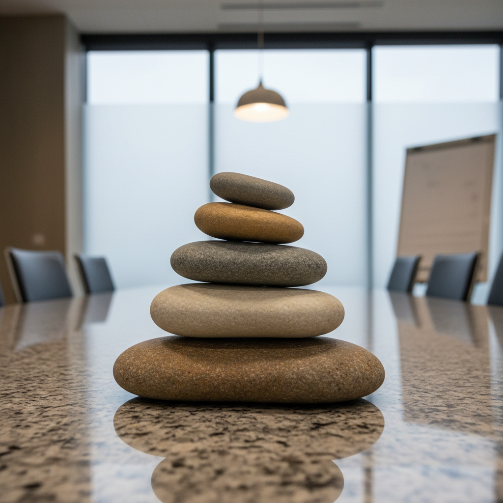 A carefully stacked arrangement of matte grey, taupe, and off-white river stones resting on a crisp granite conference table in a minimalist boardroom. Behind the stones, there's a discrete frosted glass divider with a faint reflection visible. Overcast sky light streams through a nearby window, bathing the entire setup in soft, neutral illumination that enhances the stones’ smooth, tactile surfaces. Shot from a low, close-up angle with shallow depth of field, the focus is sharp on the stones, while background details gracefully blur. The mood suggested is one of grounded balance, trust, and focus—highlighting core leadership values. The visual style is calm, clean, and photographic with a corporate professionalism.